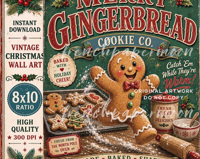 Old Fashioned Gingerbread Bakery Christmas Printable, Wall Art, Digital Download, 8x10 Holiday Sign
