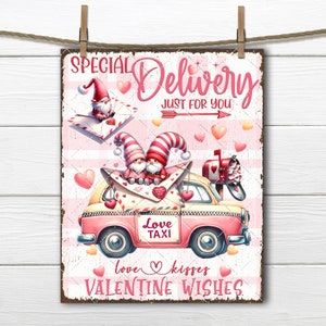 Día de San Valentín Gnome Coche Entrega Especial Amor Correo Taxi DIY Signo Haciendo DTF Transferencia Corona Acento Bandeja Escalonada Decoración Descarga Digital PNG
