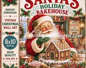 May include: A vintage-style wall art print titled Santa's Holiday Bakehouse featuring Santa Claus decorating a gingerbread house. The image includes text such as Baked Fresh for Christmas and Made with Love & Holiday Magic, with holly accents.