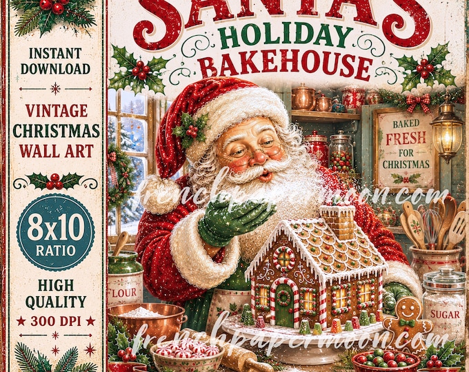 Vintage Santa Gingerbread Bakery Sign Christmas Kitchen Wall Decor Farmhouse Holiday Crafts DIY