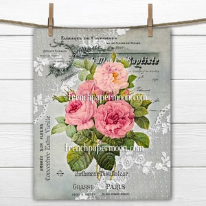 May include: A vintage advertisement for a perfume company called "Mark Baptiste" featuring a bouquet of pink roses with green leaves. The text on the advertisement reads "Fabrique de Couronnes", "Articles Flexibles", "Branches, Gerbes, Plants", "Telephonne 100", "EE de Fleurs en Perles", "que Godefroy-de-Bouillon", "19", "Parfumerie Distillateur", "Grasse Paris", "Usine a Vapeur 32 Rue Etienne Marcel".