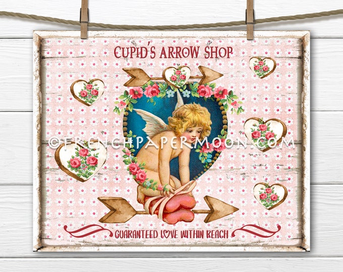 Shabby Victorian Cupid, Cupids Arrow Shop, DIY Valentine Sign, Pink Valentine Digital, Floral hearts, Pillow Image, Wreath Decor, Wood, PNG