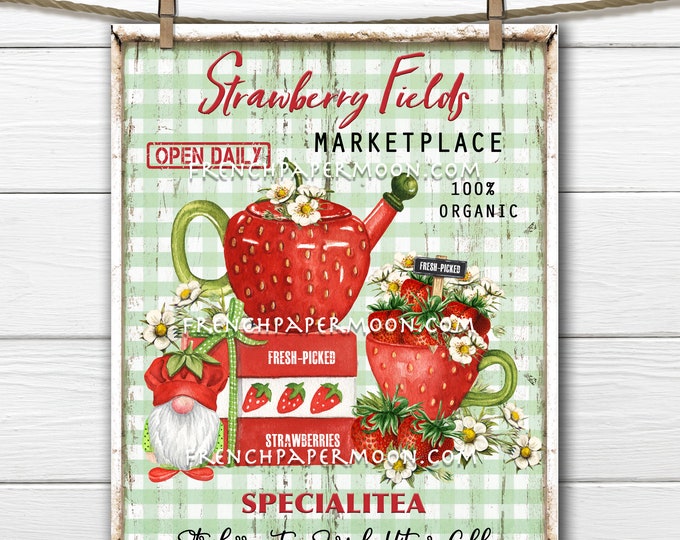 Farmhouse Strawberries Digital, Strawberry Tea Strawberry Gnome Teapot DIY Kitchen Sign Pillow Image Wreath Accent PNG Plaid, Wood Digital