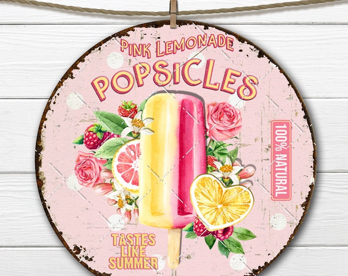 Pink Lemonade Popsicle Circle 8x8 inch Pink and Yellow Berries Lemons Round Sublimation DIY Sign Making Door Hanger Fabric Transfer Digital