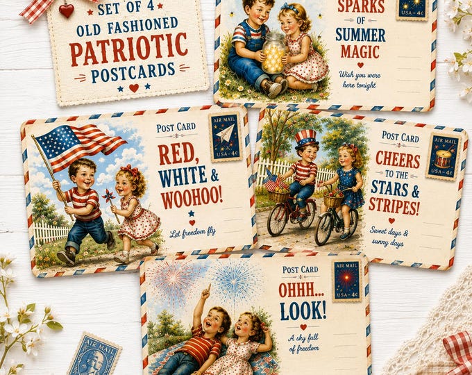 Vintage-Style Patriotic Postcard Kids PNG Bundle | Americana 4th of July Clipart | Retro Summer