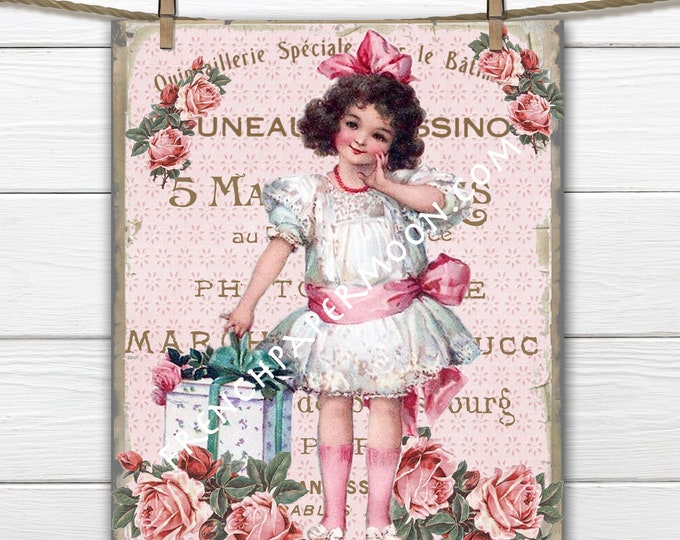 Shabby Victorian Valentine Girl, Shabby Chic Valentine, Vintage Girl, Roses, French Graphics, Digital French Pillow Transfer, Download