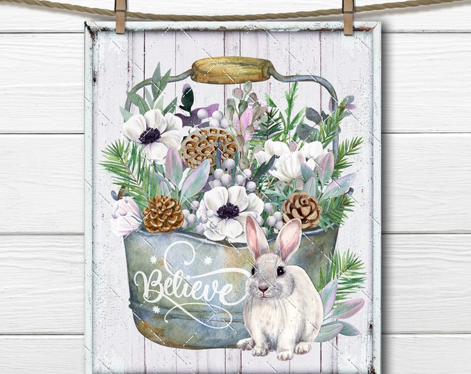 Christmas Flowers White Anemone Bunny Floral Bouquet DIY Xmas Sign Digital Print Fabric Transfer Tiered tray Decor Wreath Accent Plaque