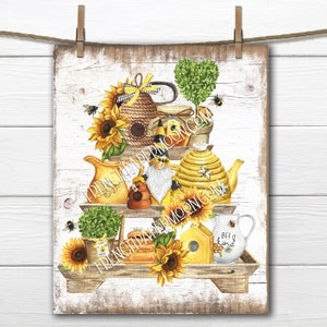 Cute Bee Tiered Tray Digital, Honey Bee, Honey Pot, Gnome, Sunflowers, Wood Background, Transparent, Bee Pillow Image, Fabric Transfer