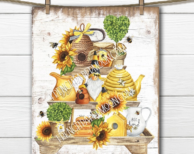 Cute Bee Tiered Tray Digital, Honey Bee, Honey Pot, Gnome, Sunflowers, Wood Background, Transparent, Bee Pillow Image, Fabric Transfer