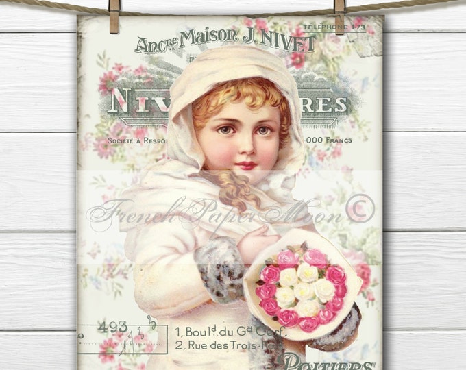 Shabby Chic Victorian Snow Girl Digital, Vintage Girl, Roses, Collage, French Pillow Image, Instant Download Fabric Transfer