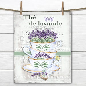 French Shabby Lavender Tea, Fabric Block Printable, Image Transfer, Teacups and Lavender, Large Size French Pillow Image, Decoupage