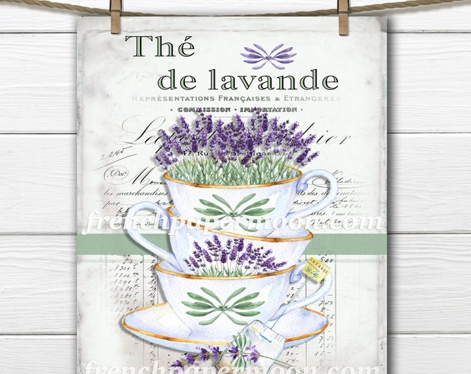 French Shabby Lavender Tea, Fabric Block Printable, Image Transfer, Teacups and Lavender, Large Size French Pillow Image, Decoupage