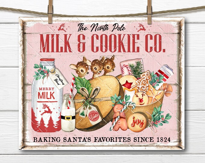 North Pole Milk and Cookie Co Christmas Sweets Fresh Milk Reindeer Print DIY Sign Making Home Decor Fabric Transfer, Digital Wreath Accent