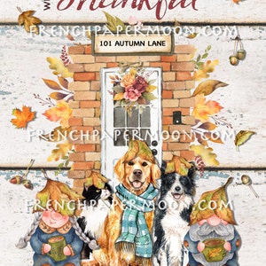 May include: A watercolor illustration of a family of gnomes, a cat, a golden retriever, and a border collie. The animals are wearing fall leaves on their heads. The gnomes are holding mugs of hot cocoa. The illustration is set against a brick wall with a white door and the text "We are Thankful" and "101 Autumn Lane".