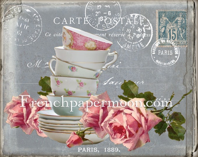 Shabby French Tea Graphic Printable, Teacups, Roses, French Receipt, Chalkboard, Teatime, Spring,Kitchen Digital, Home Decor
