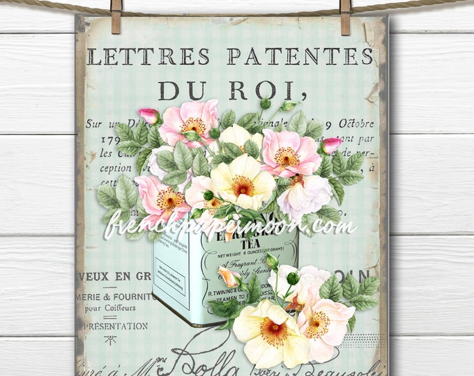 Vintage French Shabby Roses, Tea Tin, Gingham, Fabric Transfer, French Pillow, Large size Graphic Transfer, French Kitchen Wall Art