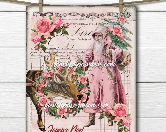 Shabby Pink Victorian Santa Claus, Pink Santa, Reindeer, Rose Wreath, French Xmas Pillow, Fabric transfer, Printable Pink Xmas, PNG, JPEG