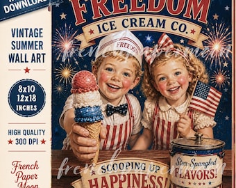 以下が含まれることがあります： Freedom Ice Cream Co.と書かれたヴィンテージ風のポスター。赤と白のストライプの服を着た二人の子供が描かれています。一人は赤・白・青のアイスクリームコーンを持ち、もう一人は小さなアメリカ国旗を持っています。背景には花火が描かれています。