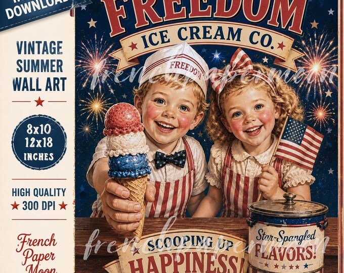 4th of July Retro Ice Cream Americana  Printable Summer Wall Art  Garden Flag DIY Sign (Digital Download)