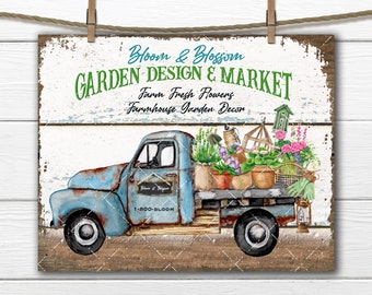 Rustic Farmhouse Pickup Truck DIY Sign, Flower Truck, Garden Tools, Fabric Transfer Digital Download, Tiered Tray Decor, Wreath Accent, PNG