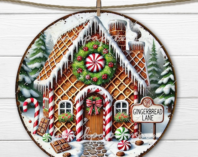 Gingerbread House Christmas Circle Sublimation DIY Sign Making Round Wreath Accent Door Hanger Xmas Decor Digital Download Round PNG