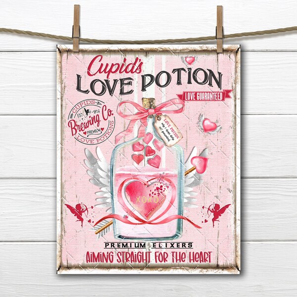Valentine Love Potion Cupid Love Glass Bottle Hearts DIY Sign Digital Print Fabric Transfer Tiered Tray Decor Wreath Accent, U Print, PNG