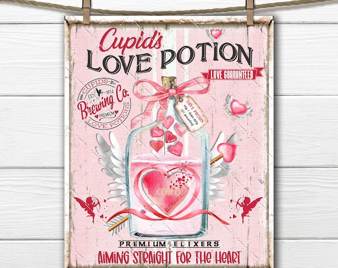 Valentine Love Potion Cupid Love Glass Bottle Hearts DIY Sign Digital Print Fabric Transfer Tiered Tray Decor Wreath Accent, U Print, PNG