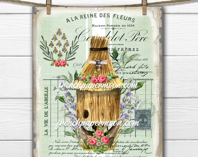 French Honey Bee Digital Graphic, Beehive, Bee Ephemera, Shabby Honey Bee, French Pillow Bee, Fabric Transfer, Transparent, Decoupage, Print