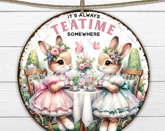 Easter Bunny Teatime Circle Sublimation DIY Sign DTF Transfer Doorhanger Round 8x8 inch PNG Spring Garden Digital Wreath Accent Home Decor