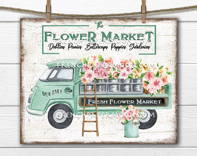 Flower Truck, Flower Market, Digital, Farmhouse Flowers, DIY Sign, Retro Truck, Pillow Image, Wreath Attachment,Sublimation, Wood, PNG,