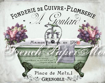 Vintage French Digital Shabby Bathtub Printable, Victorian Bath, French Bathroom Download, French Decor, French Bath Transfer Graphic