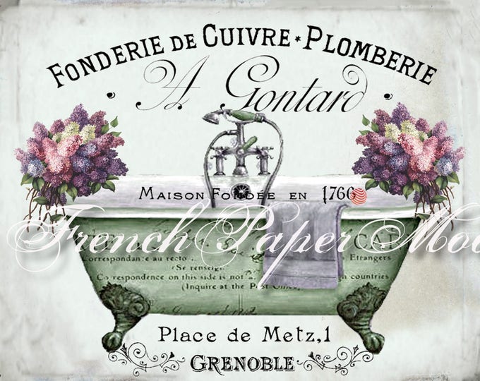 Vintage French Digital Shabby Bathtub Printable, Victorian Bath, French Bathroom Download, French Decor, French Bath Transfer Graphic