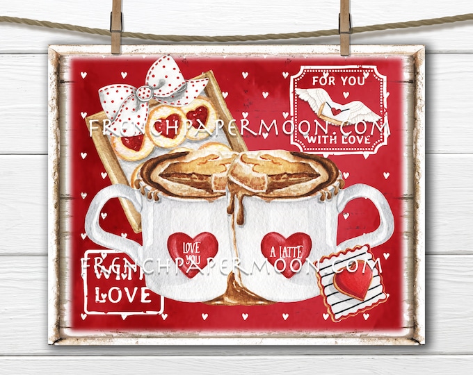 Valentine Coffee Digital, DIY Valentine Sign, Latte, Cookies, Valentine Stamps, Hearts, Pillow Image, Sublimation, Wreath Attachment, PNG