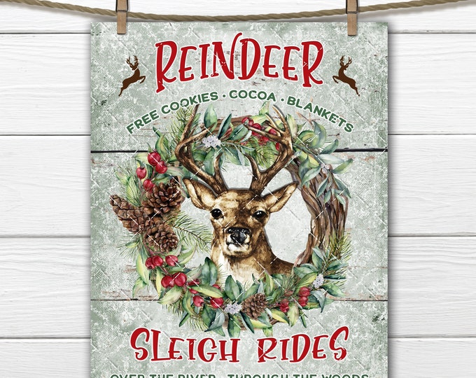 Woodland Christmas Reindeer Sleigh Rides Digital Print DIY Sign Making Fabric Transfer Tiered Tray Decor Wreath Accent Wall Decor Print PNG