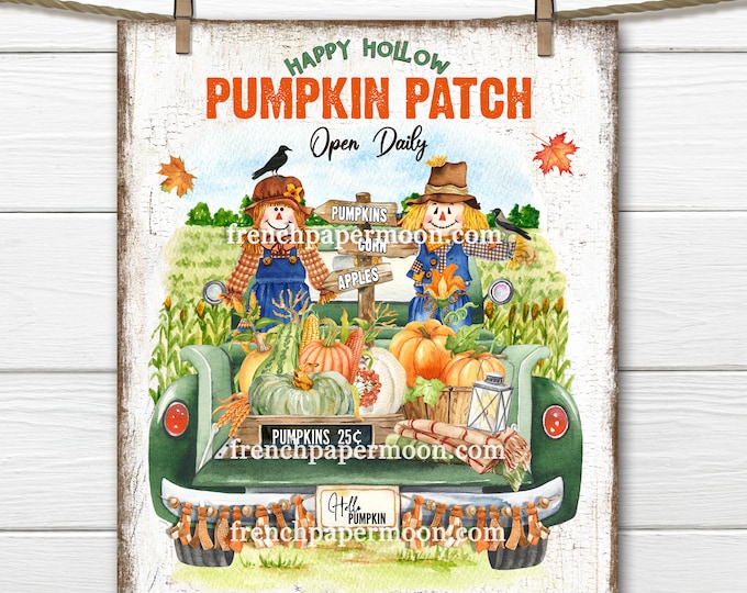 Pumpkin Truck, Scarecrow, Fall Harvest, Digital, Farmhouse, Pumpkin Patch, Image Transfer, DIY Harvest Sign, Wreath Accent, Wall Art