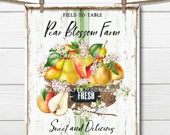 Farmhouse Summer Pears, Pear Blossom, Fruit, Digital, DIY Pear Sign, Fabric Transfer, Pillow Image, Wreath Decor, Wood, PNG, Tiered Tray