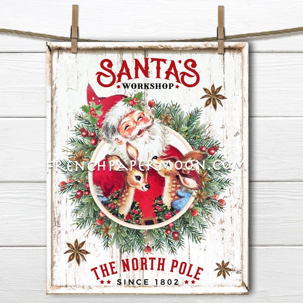 Cute Retro Santa Reindeer, Christmas Sign, Santa Workshop, DIY Xmas Sign, Wreath Attachment, Pillow Image, Santa Decor, Reindeer Print, PNG