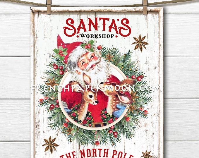 Cute Retro Santa Reindeer, Christmas Sign, Santa Workshop, DIY Xmas Sign, Wreath Attachment, Pillow Image, Santa Decor, Reindeer Print, PNG