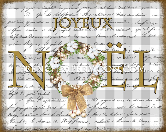 French Plaid Christmas Printable, Noel, Snowberry Wreath, Cotton Wreath, French, Xmas Pillow image, Fabric Transfer, Crafts, JPEG PNG