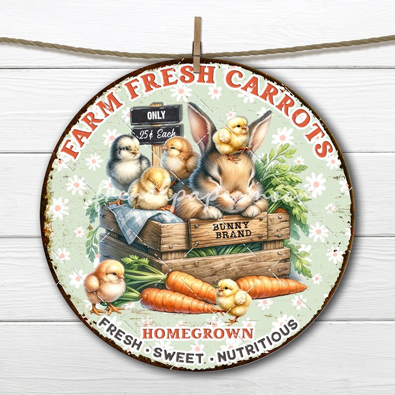 May include: A round, green and white sign with the text "Farm Fresh Carrots" in red and orange lettering. The sign features a sleeping bunny rabbit with baby chicks in a wooden crate with carrots and the text "Bunny Brand" and "Homegrown Fresh Sweet Nutritious".