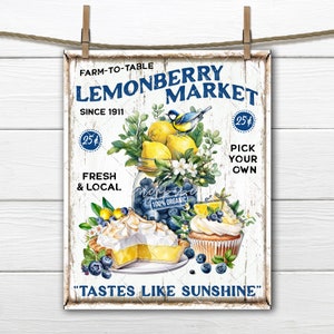 Farmhouse Fruit Lemons Blueberries Lemon Meringue Pie Bluebird Blueberry Mason Jar DIY Sign Making Fabric Transfer Digital Home Decor Print