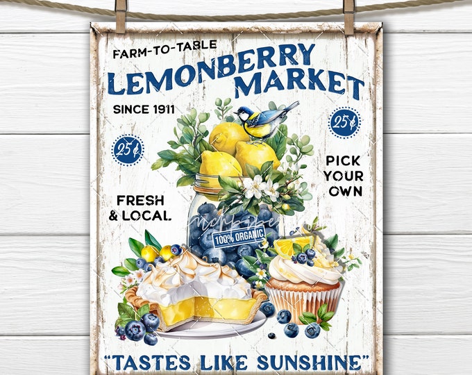 Farmhouse Fruit Lemons Blueberries Lemon Meringue Pie Bluebird Blueberry Mason Jar DIY Sign Making Fabric Transfer Digital Home Decor Print