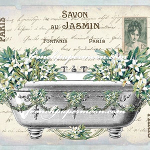 Shabby FRENCH BATHTUB FLOWERS, Victorian Bath, Spring, Jasmin, Salle de Bain, French Bathroom Decor Digital Download, Image Transfer