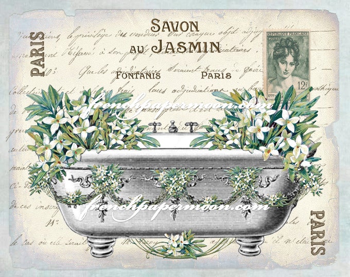 Shabby FRENCH BATHTUB FLOWERS, Victorian Bath, Spring, Jasmin, Salle de Bain, French Bathroom Decor Digital Download, Image Transfer