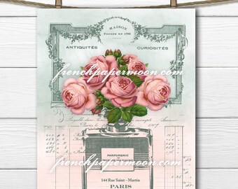 Digital French Perfume, Perfume Bottle, Shabby roses, French Graphics, French Pillow transfer Graphic, Large Image