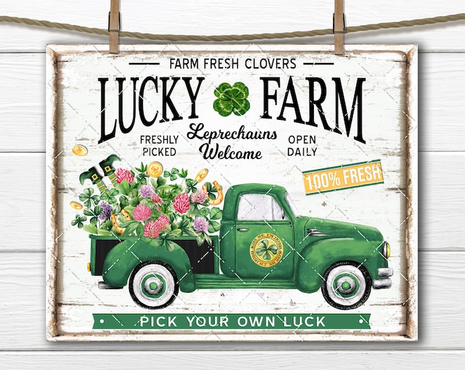 Farm Fresh Clover Lucky Farm St. Patrick's Day Shamrock Green Pickup Truck DIY Sign Making Fabric Transfer Tiered Tray Decor Digital Print