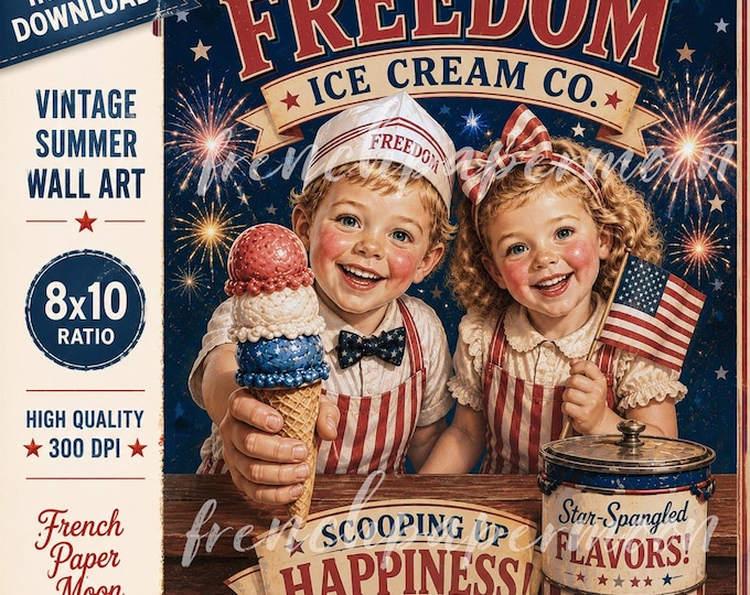 4th of July | Retro Ice Cream Americana  Printable Retro Summer Wall Art  Garden Flag DIY Sign (Digital Download)