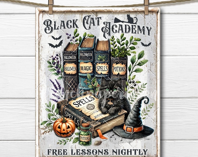 Halloween Black Cat Spellbooks Academy Digital PNG Printable Sublimation Cutting Board Tiered Tray Wall Decor DIY Spooky Decor October 31