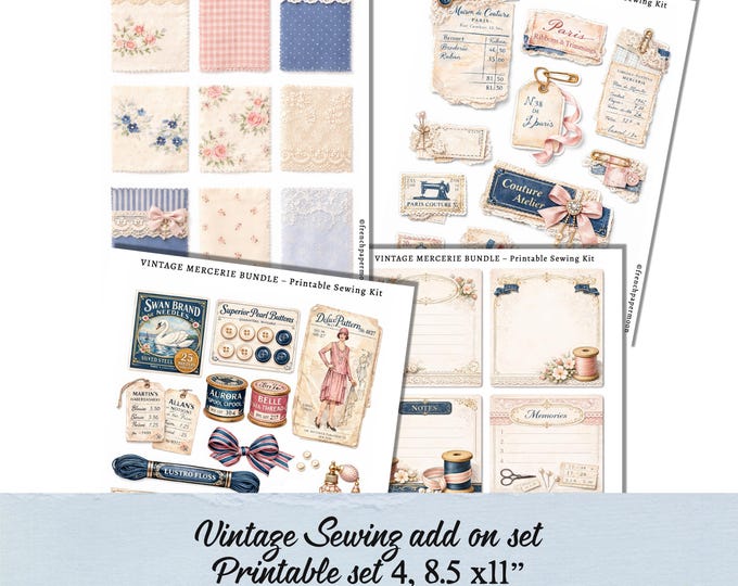 Vintage Sewing Printable add on Set French Romance Suffed Pocket Junk Journal Digital