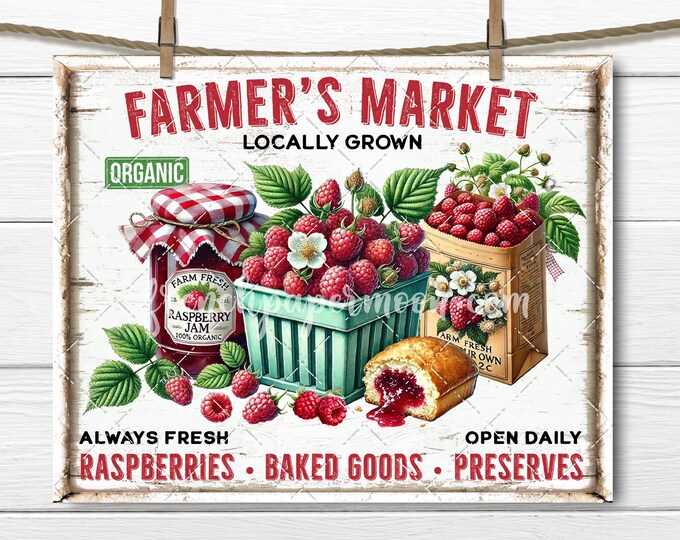 Farmer's Market Raspberries Jam Preserves PNG Digital Graphic for Fabric Transfer DIY Heat Press Wall Decor Farm Fresh Pick Your Own Signs